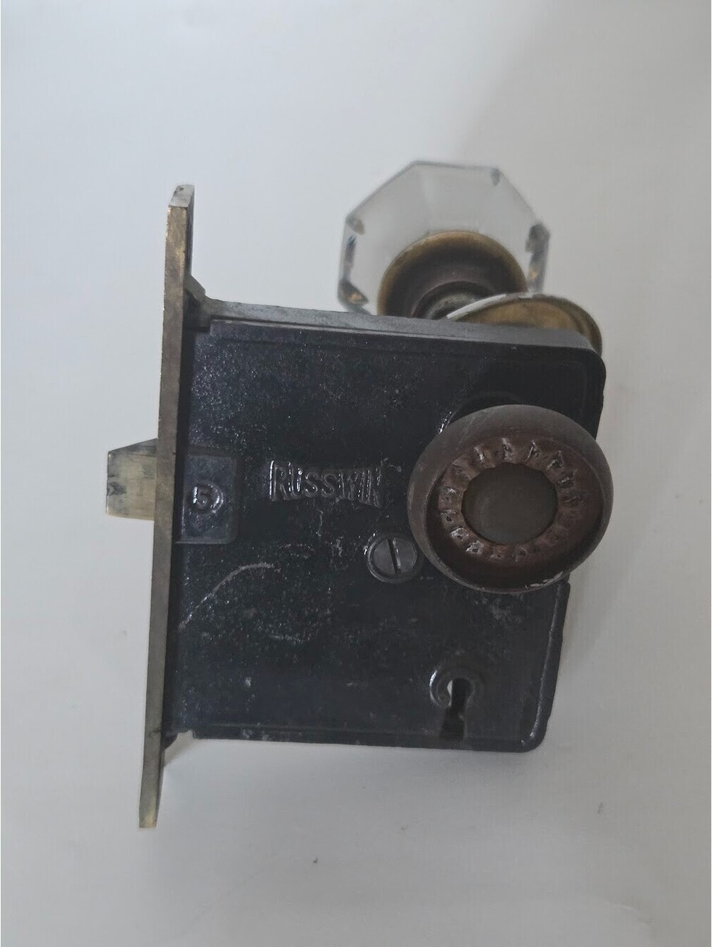 Russwin Mortise Lockset With Clear Glass Door Knob And Brass Faceplate